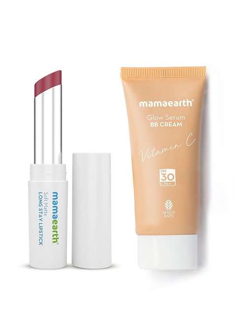 Mamaearth Set Of Soft Matte Long Stay Lipstick Grape Wine Glow Serum Bb Cream Natural