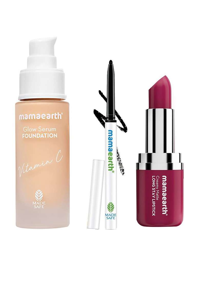 Mamaearth Set Of Long Stay Kajal Glow Serum Foundation Creamy Matte Lipstick - Indya