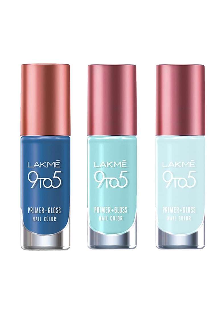 Lakme Set Of 3 9To5 Primer Gloss Nail Color 6Ml Each Sky Blue Sea Indigo Ink - Indya