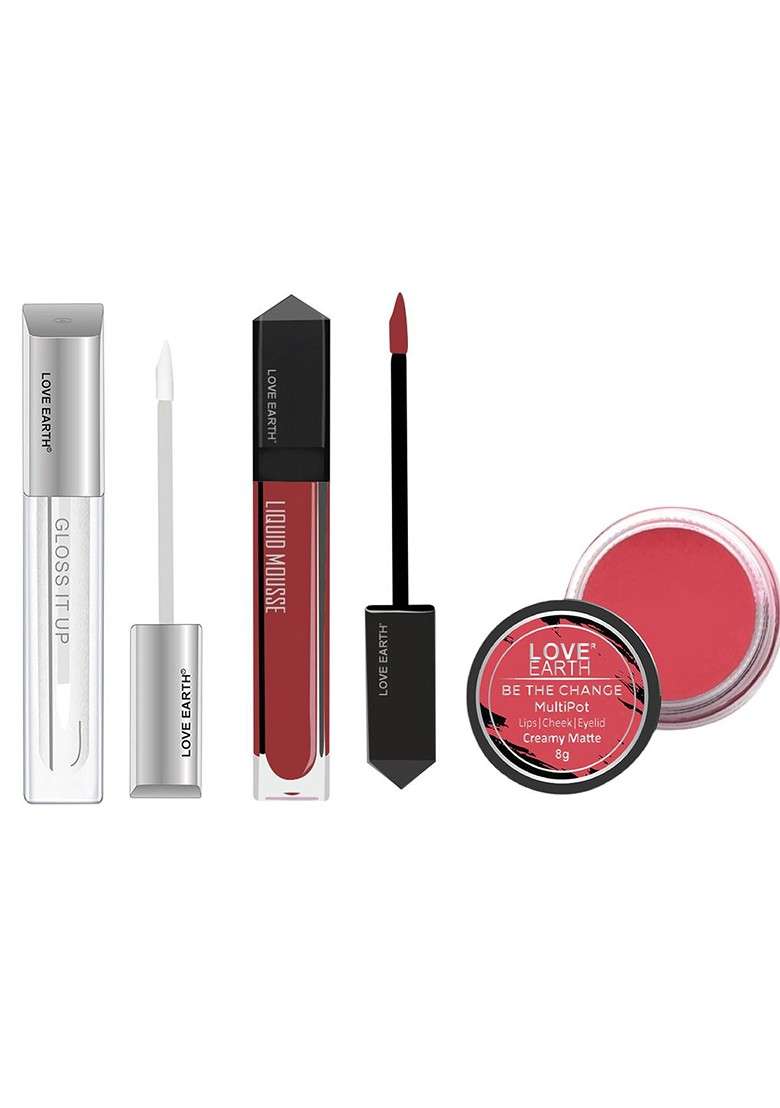 Love Earth Set Of Multipot Lip Cheek Eyelid Tint Mousse Lipstick Gloss It Up - Indya