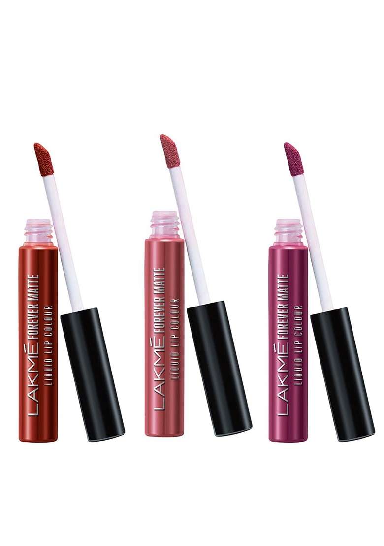 Lakme Set Of 3 Forever Matte Liquid Lip Colour 5 6Ml Each Red Cherry Wine Glow Pink Ballet - Indya