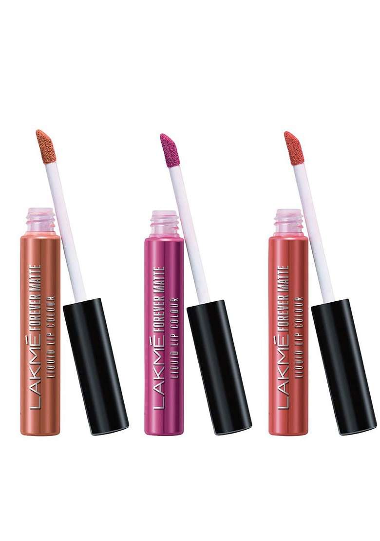 Lakme Set Of 3 Forever Matte Liquid Lip Colour 5 6Ml Each Pink Trip Nude Latte Coral Sense - Indya