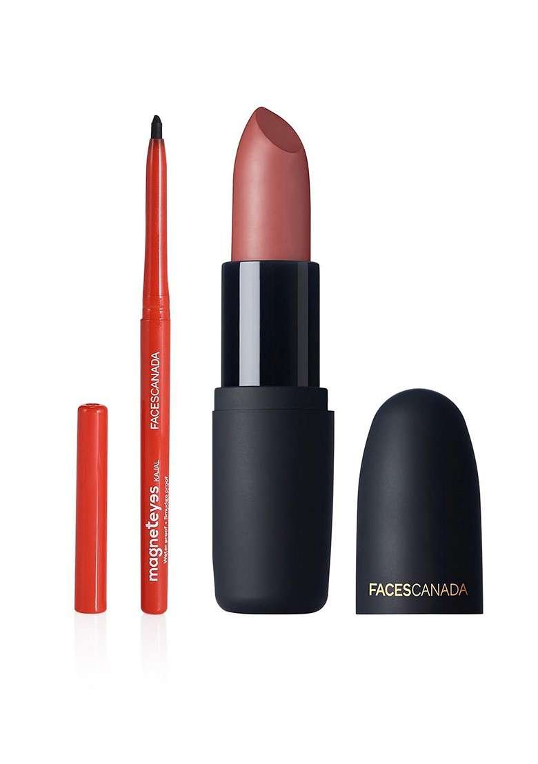 Faces Canada Set Of Magneteyes Kajal Black 01 Weightless Matte Lipstick Buff Nude - Indya