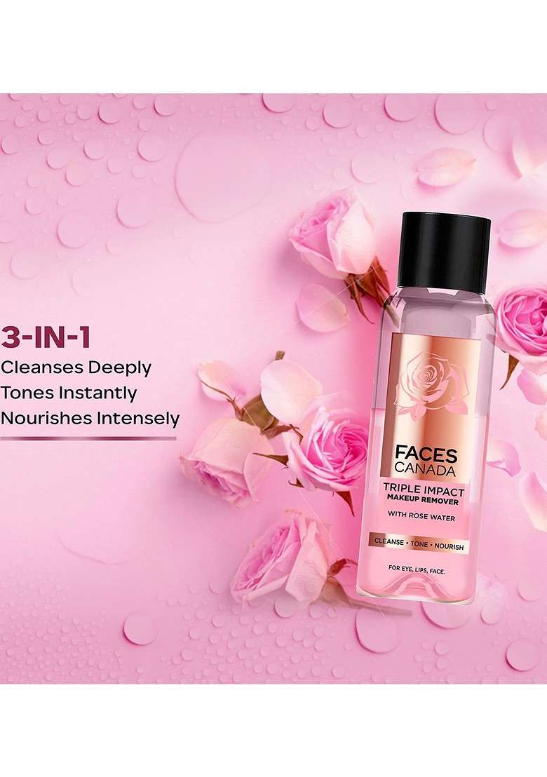 Faces Canada 3 In 1 Biphase Remover Triple Impact Makeup With Rose Water 120 Ml - Indya