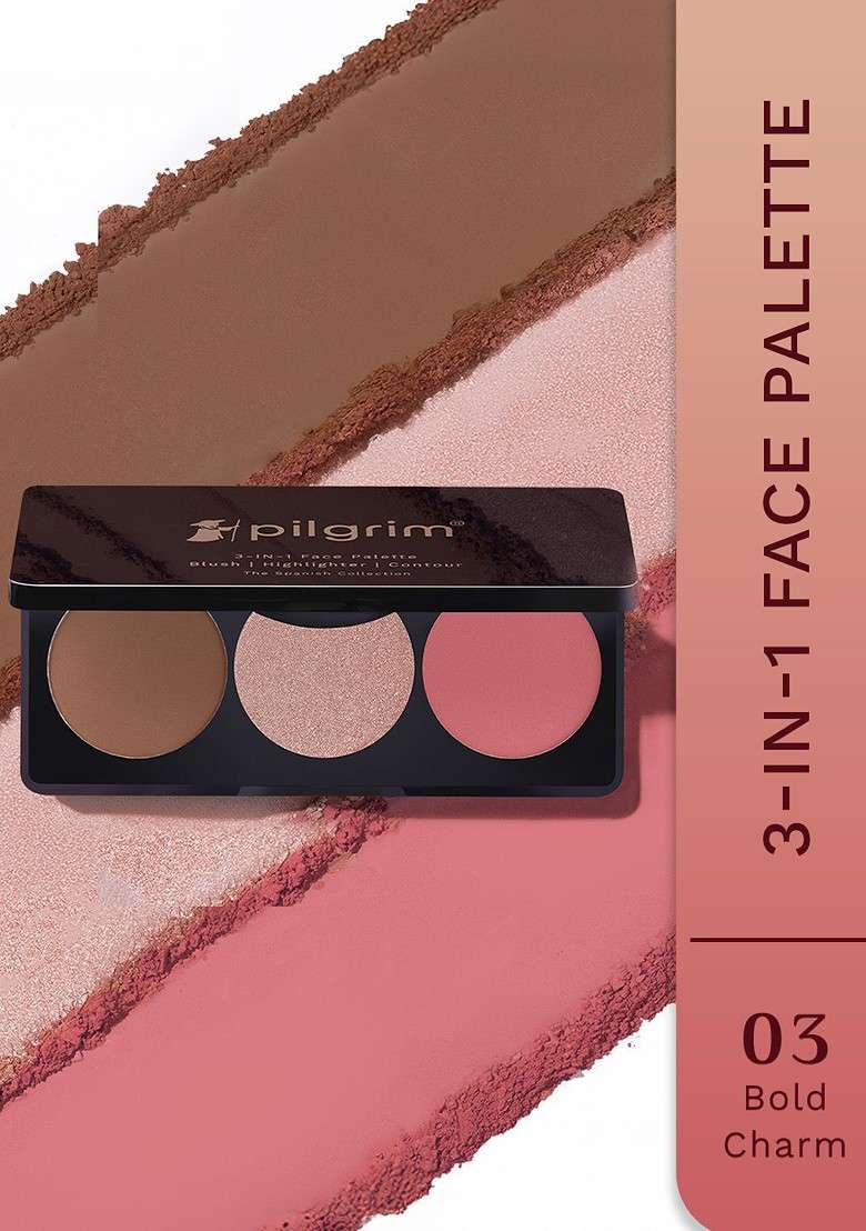 Pilgrim 3 In 1 Face Palette Blush Highlighter Contour 12 G Bold Charm 03 - Indya