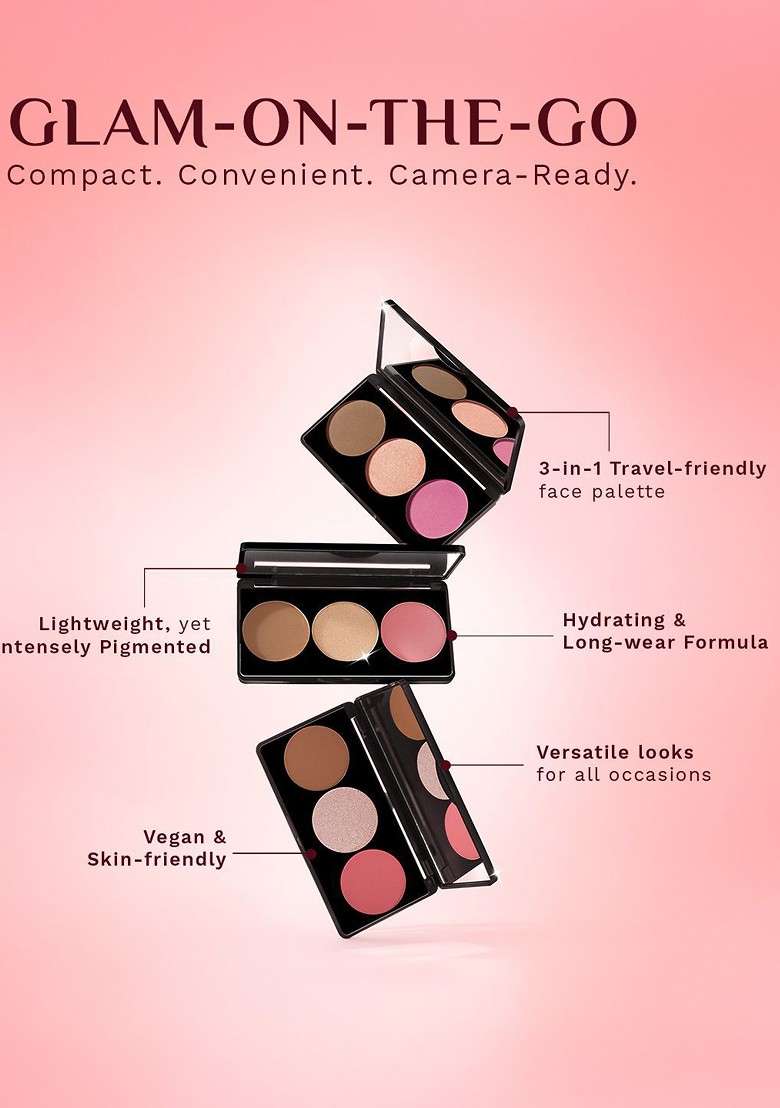 Pilgrim 3 In 1 Face Palette Blush Highlighter Contour 12 G Bold Charm 03 - Indya