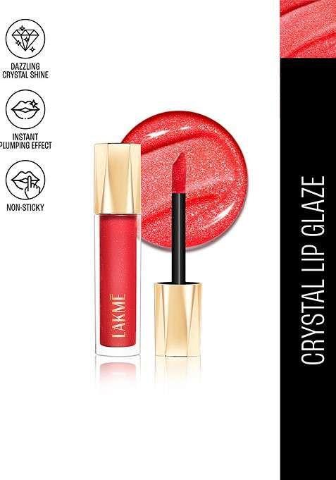 Lakme Glitterati Non Sticky Hydrating Lip Glaze With Vegan Collagen 5Ml Scarlet Spritzer