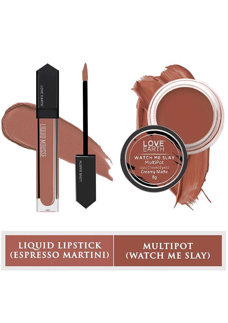 Love Earth Set Of Liquid Mousse Matte Lipstick 6 Ml Watch Me Slay Multipot 8 G - Indya