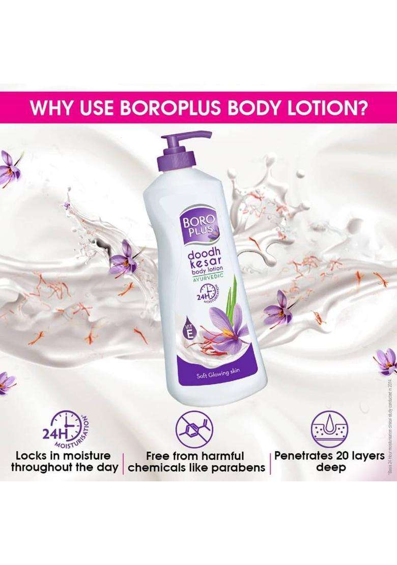 Boroplus Doodh Kesar Body Lotion|24H Moisturisation|100% Ayurvedic | Glowing Skin (800 Ml) - Indya