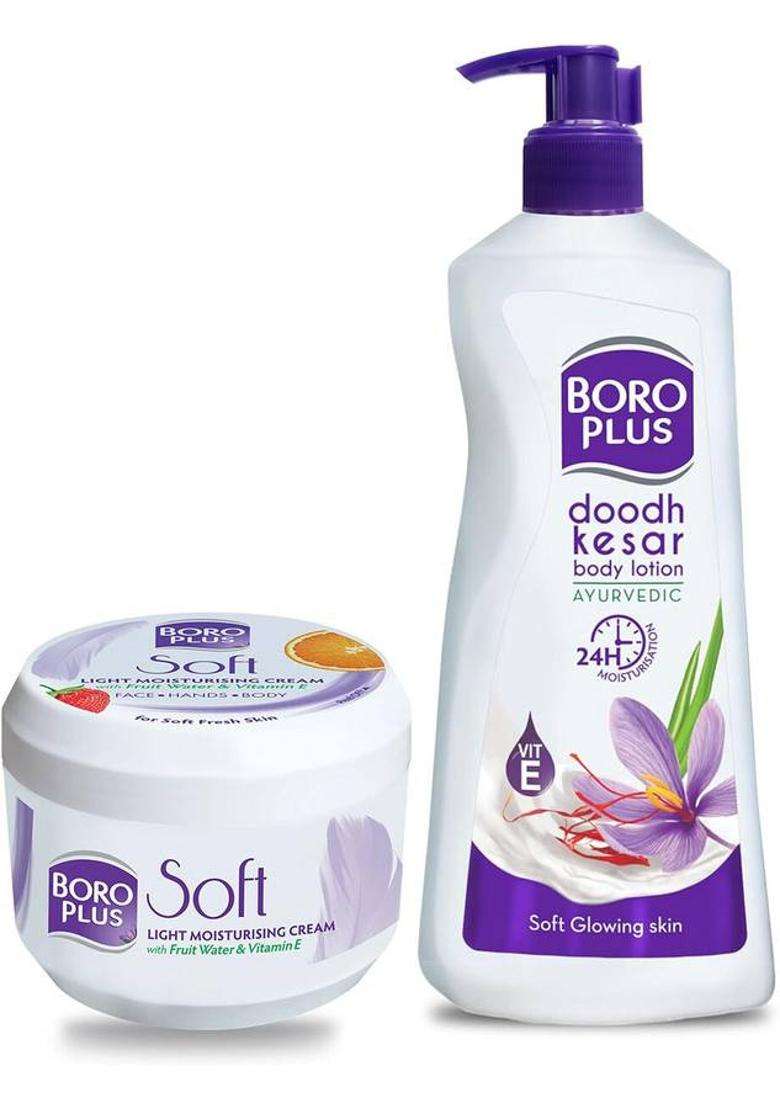 Boroplus Soft Ayurvedic Antiseptic Cream 200Ml + Doodh Kesar Lotion 400Ml (600 Ml) - Indya