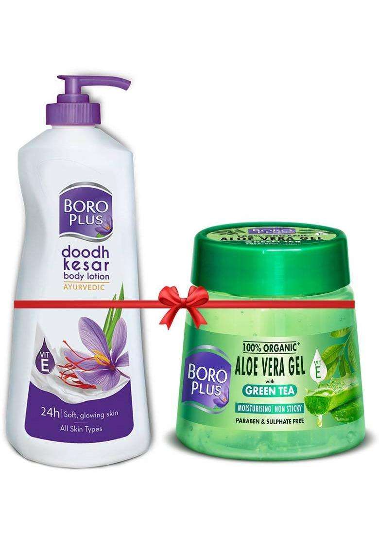 Boroplus Aloe Vera Gel Green Tea 200Ml Jar + Doodh Kesar Body Lotion 400Ml (600 Ml) - Indya