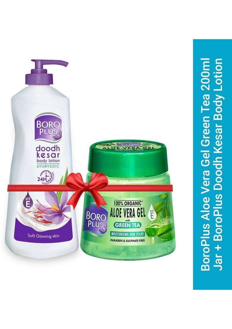 Boroplus Aloe Vera Gel Green Tea 200Ml Jar + Doodh Kesar Body Lotion 400Ml (600 Ml) - Indya