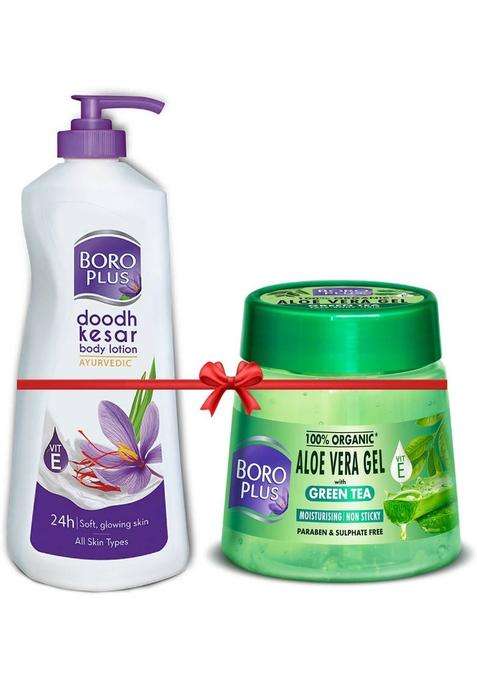 Boroplus Aloe Vera Gel Green Tea 200Ml Jar + Doodh Kesar Body Lotion 400Ml (600 Ml)