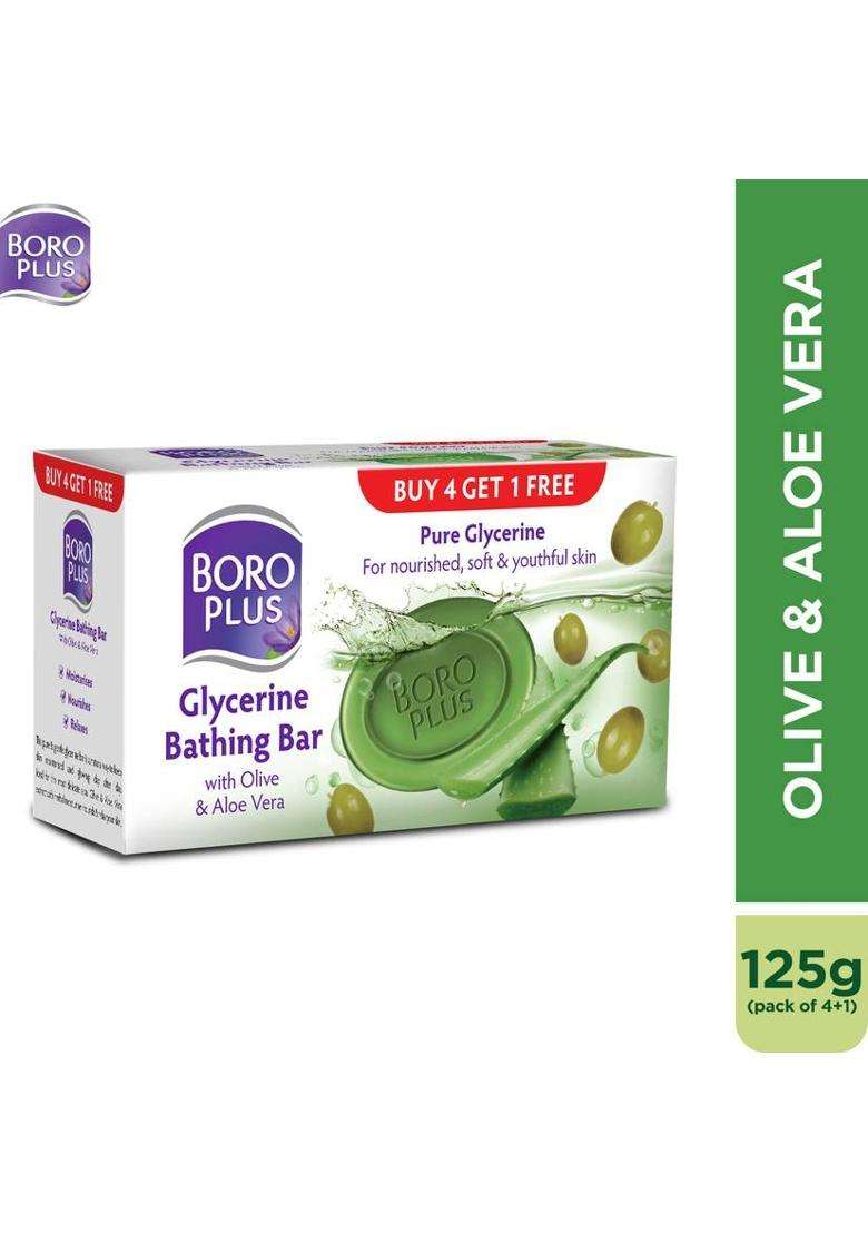 Boroplus Glycerine Bathing Bar With Olive & Aloe Vera | For Soft Skin Each (4 X 156.25 G) - Indya