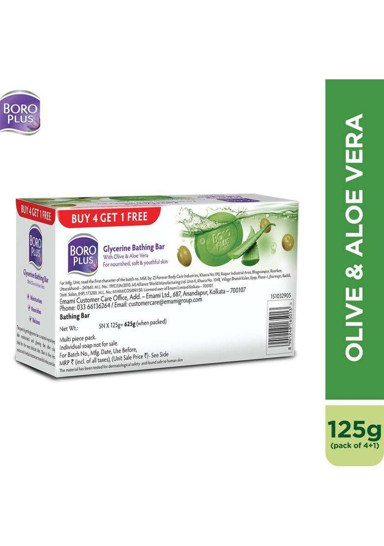 Boroplus Glycerine Bathing Bar With Olive & Aloe Vera | For Soft Skin Each (4 X 156.25 G) - Indya