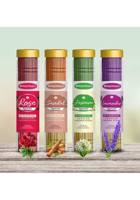 Karman Premium Chandan Mogra RoseLavender Agarbatti Jar (4 100)400Gm. Four Deferent Fragrance (240 Sticks)Incense Stick Pooja Items Units Set Of 4)