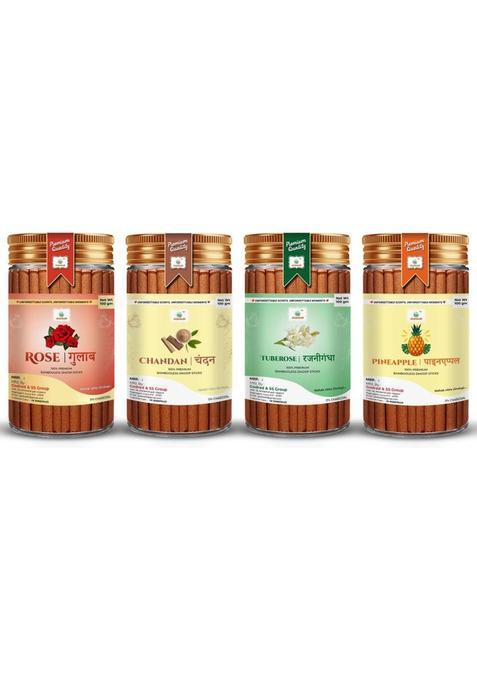Godsun Rose, Chandan, Rajnigandha, Pineapple Dry Dhoop Sticks (4 100)400Gm. No Bamboo Charcoal Batti Units, Set Of 4)