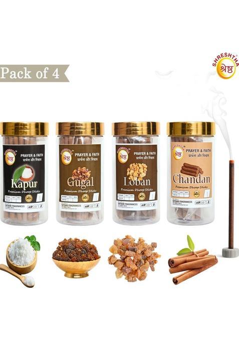 Shreshtha Premium Kapur Chandan Dry Dhoop Incense Sticks (100Gmsx4) Jar Camphor, Sandal, Loban, Gugal (400 G, Set Of 4)