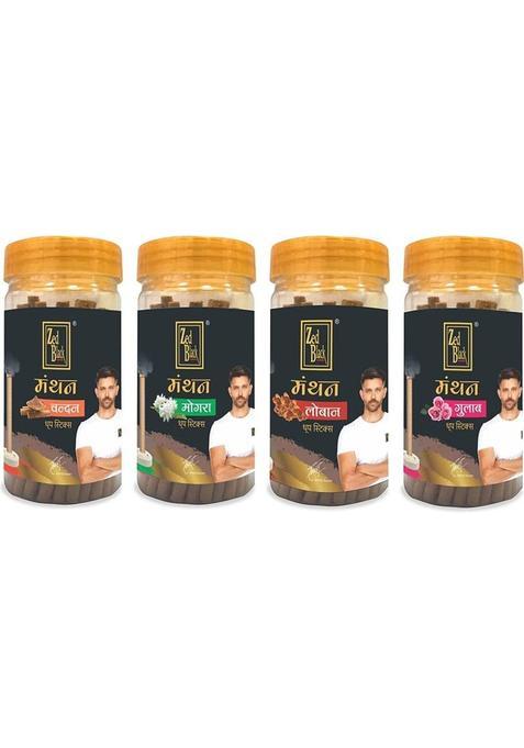 Zed Black Bamboo Less Dhoop Sticks In Jar Combo Packing Batti Manthan Series Chandan, Gulab, Loban, Mogra (4 Units, Set Of 4)