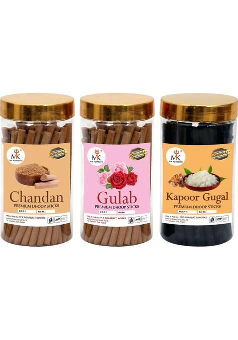 Mkagarbatti Pooja Dhoop Sticks Premium Jar 100Gm X3 ( 300 Gram) | No Bamboo Charcoal Gulab, Chandan, Kapoor Gugal (300 G, Set Of 3)