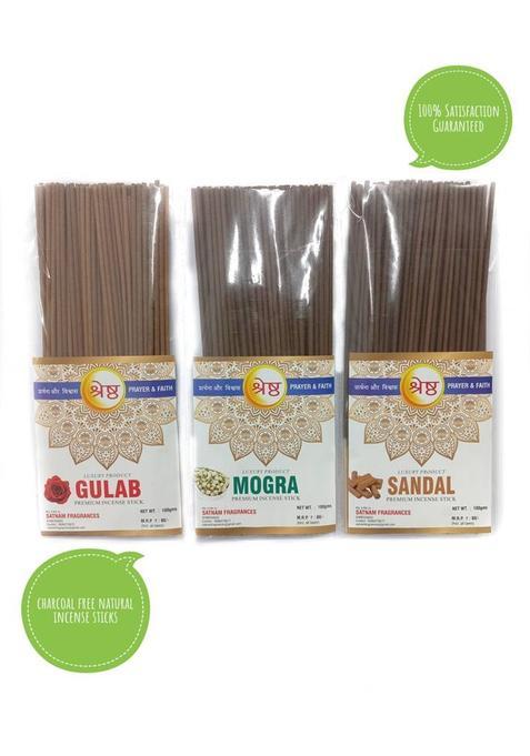 Shreshtha Luxury Premium Incense Sticks Gulab Sandal Mogra (3X100Gms) Rose, Sandal, (300 G, Set Of 3)