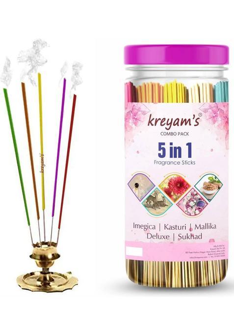 Kreyam'S Combo Original Agarbatti Pack Fragrance Incense Stick Negative Energy Remover Imegica, Kasturi, Mallika, Deluxe, Sukhad 225 Sticks For Pooja Items (225 Units, Set Of 1)
