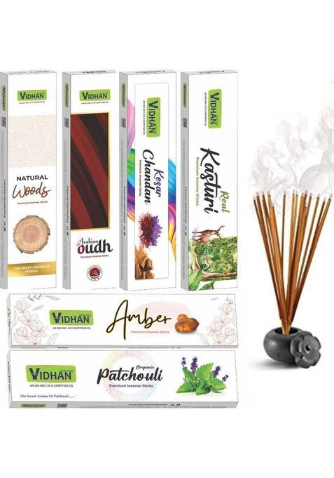 Vidhan Premium Incense Sticks -Pooja Agarbatti Kasturi Arabian Oudh Kesarchandan Patchouli Woods Amber (100 Gram X6 ) (600 G Set Of 6)