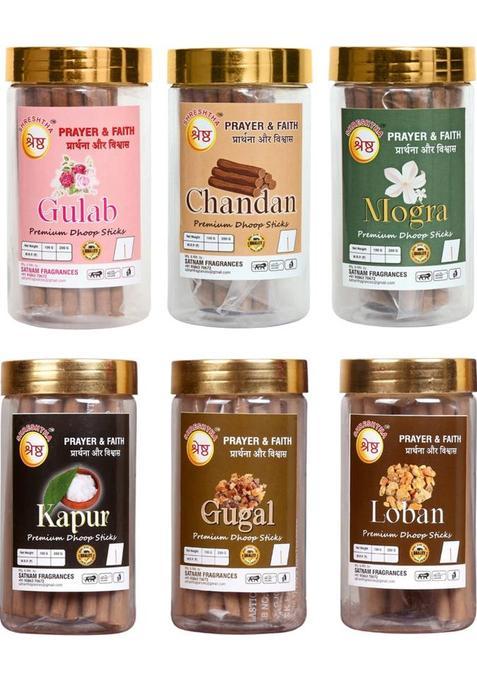 Shreshtha Premium 6 In 1 Exotic Dry Dhoop Incense Sticks Agarbatti (100Gms X 6) 600Grams Gulab Chandan / Sandal Mogra Kapur Camphor Gugal Loban (600 G Set Of