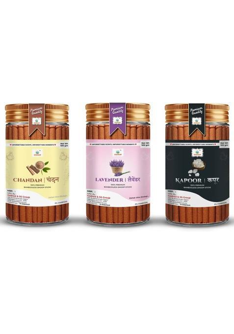 Godsun Chandan Lavender Kapoor Dry Dhoop Sticks Jar (3 100)300Gm. No Bamboo Charcoal Batti (300 G Set Of 3)