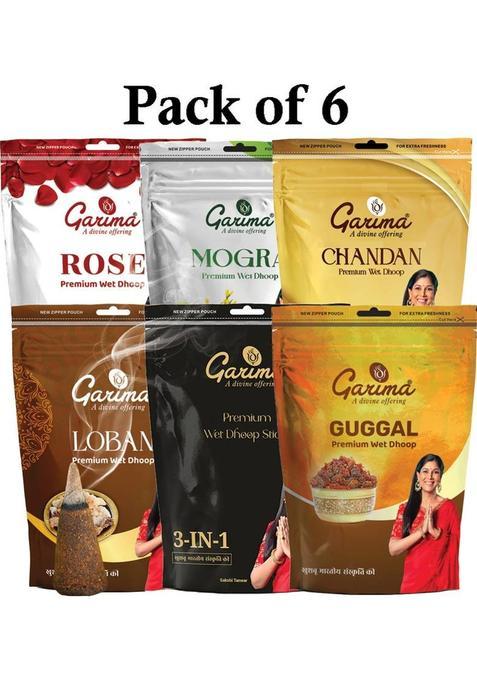 Garima Zipper Premium Wet Dhoop Pack Of 6 Mogra Chandan Guggal 3 In 1 Loban Rose (6 Units Set 6)