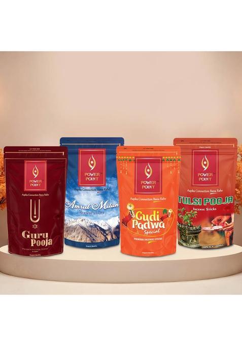 Power Point Premium Agarbatti Combo Incense Sticks Multi Fragrances Pack Of 4 | Amrut Milan, Guru Pooja , Gudi Padwa Tulsi (4 Units, Set 1)