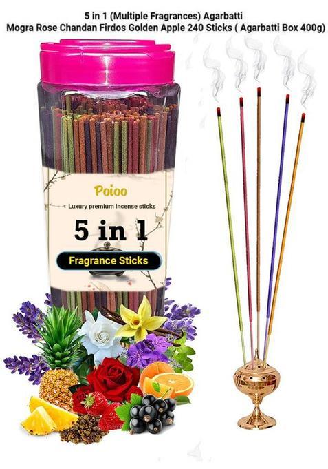 Poioo Agarbatti 5 In 1 Flavour Fragrance For Pooja ( Mix ) Rose, Chandan, Mogra, Pineapple, Firdos, Box 400G (400 G, Set Of 1)