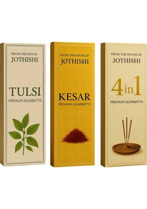 Jothishi Tulsi + Kesar 4In1 Herbal Incense Sticks For Pooja & Meditation Multi- Fragrance, Tulsi, (45 Units, Set Of 3)