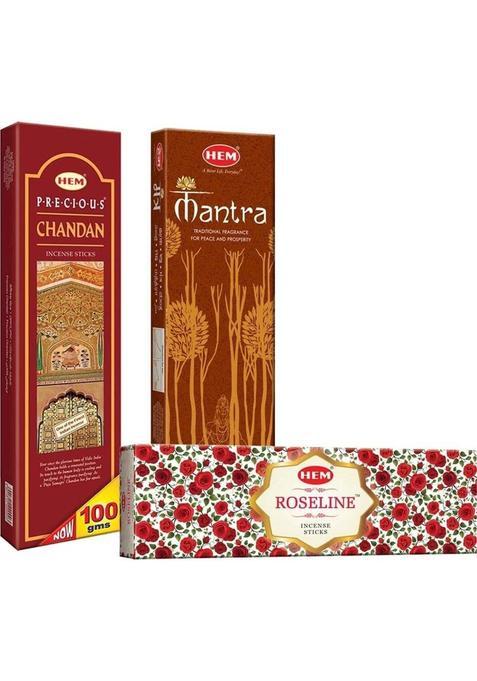 Hem Agarbatti Combo Pack Of 3 Fragrance ( 220 G) Incense Sticks For Pooja Roseline Chandan Mantra (3 Units Set 1)