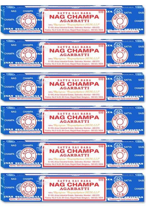 Satya Sai Baba Nagchampa Incense (Pack Of 6) Champa Flower, Handrolled Masala, Patchouli, Strong, Long Lasting (6 Units, Set