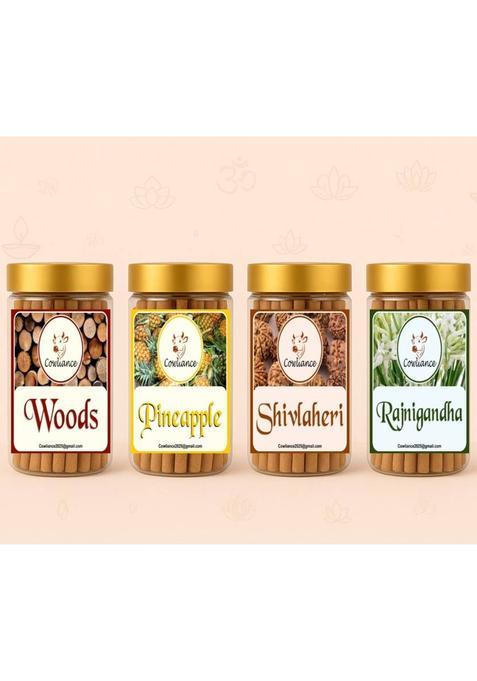 Cowliance Premium 400 Gm Aroma Dhoop Sticks | Creates Sacred & Peaceful Environment Woods, Pineapple, Shivlaheri, Rajnigandha (400 G, Set Of 4)