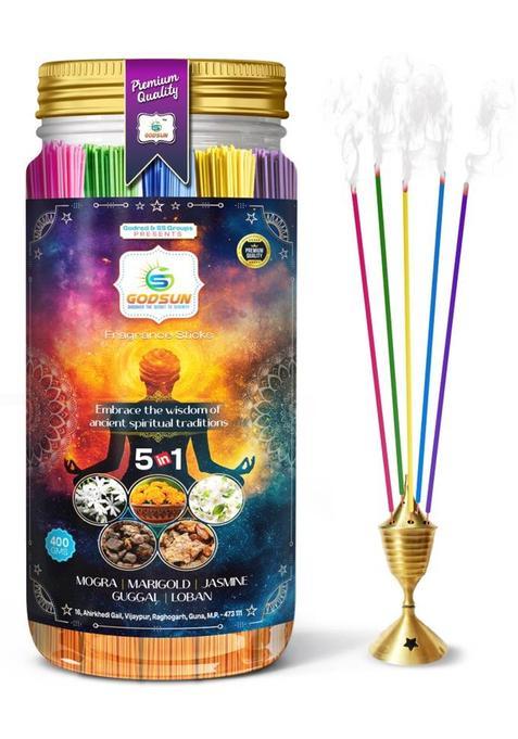 Godsun Premium Mogra, Marigold, Jasmine, Guggal, Loban Agarbatti Jar (400Gms.) 0% Charcoal, 5 Different Fragrances Incense Sticks (225 Units, Set Of 1)