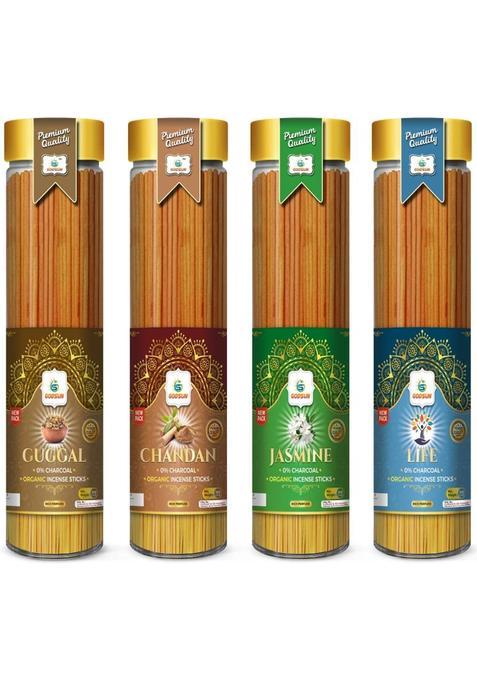 Godsun Guggal Chandan Jasmine Life Agarbatti Jar (4 100)400Gm. 0% Charcoal Incense 4 Different Fragrance (240 Units Set Of 4)
