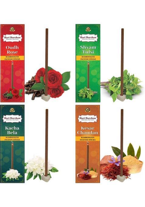Hari Darshan Bamboo Less Incense 120 Sticks Long Lasting Fragrance Dhoop Oudh Rose, Shyam Tulsi, Kacha Bela, Kesar (120 Units, Set Of 4)