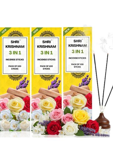 Shri Krishnam 3In1 Agarbatti | Pack Of 300 Stick Pooja And Spiritual Use Rose, Lavender, Jasmine (510 G, Set 3)