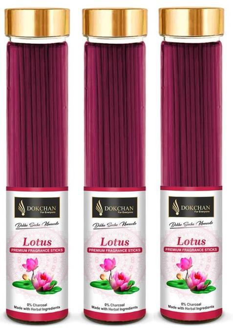 Dokchan Premium Lotus Incense StickNo Charcoal100% HerbalNatural Essential Oils Low Smoke 100% Herbal Fragrance Pooja Agarbatti 3X100G Bottle (300 G Set Of 3)