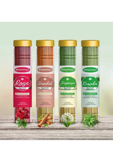 Karman Premium Chandan Mogra RoseKewda Agarbatti Jar (4 100)400Gm. Four Deferent Fragrance (240 Sticks) Incense Stick Pooja Items Units Set Of 4)