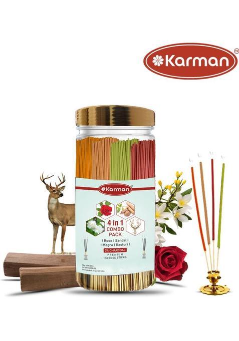 Karman Incense Sticks Variety Pack For Puja / Meditation Aggarbati 400Gms Gulab,Chandan,Mogra,Kasturi (225 Units, Set Of 1)
