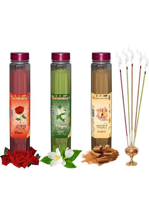 Shankh Rose, Mogra & Panchvati Agarbatti (Incense Stick) Pack Of 300 Gram (100 + 100 100) Fragrances Mogra, G, Set 3)