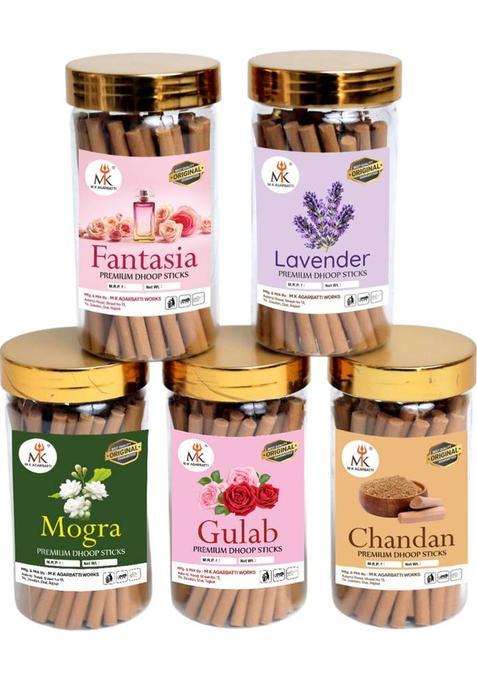 Mkagarbatti Pooja Dhoop Sticks Premium Jar 100Gm X5 ( 500 Gram) | No Bamboo Charcoal Gulab, Mogra, Chandan, Lavender, Fantasia (500 G, Set Of 5)