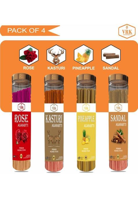 Vrk Agarbatti Premium Incense Sticks Combo Pack For Home Pooja And Negative Energy Remover RoseKasturiPineappleSandal (400 Gm) (100 G Set Of 4)