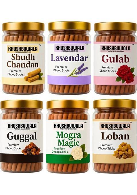 Khushbuwala Agarbatti 6-In-1 Dhoop Stick Jar Combo Charcoal Free 6 X 100G Fragrance Dry Premium Chandan Gulab Mogra Loban Guggal Lavender (600 G Set Of 6)