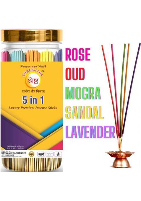 Shreshtha Premium 5 In 1Rose Mogra Sandal Lavender Oud Incense Stick Agarbatti (400Gx1) Gulab, Mogra, Sandalwood, Oud, (400 G, Set Of 1)