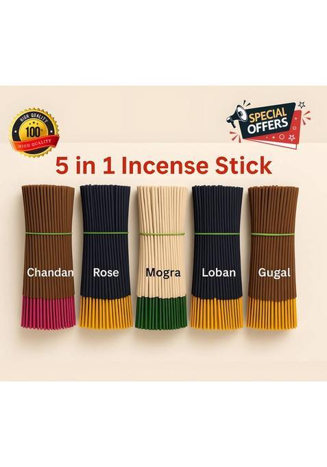 Pranshi Natural Orgenic 5 In 1 Premium Agarbatti Combo Pack Chandan, Mogra, Rose, Loban, Gugal (400 G, Set Of 5)