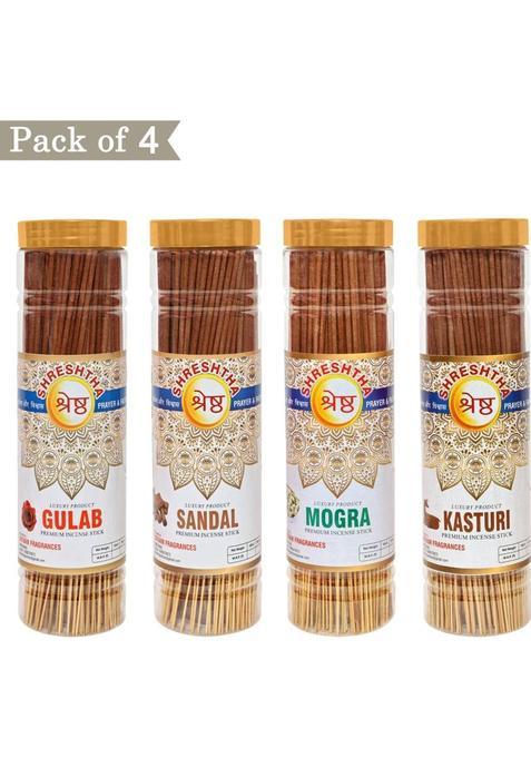 Shreshtha Incense Sticks Agarbatti Gulab / Rose, Chandan Sandal, Kasturi, Mogra (100 G, Set Of 4)